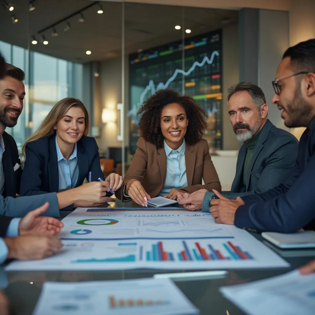 Equipo discutiendo estrategias financieras